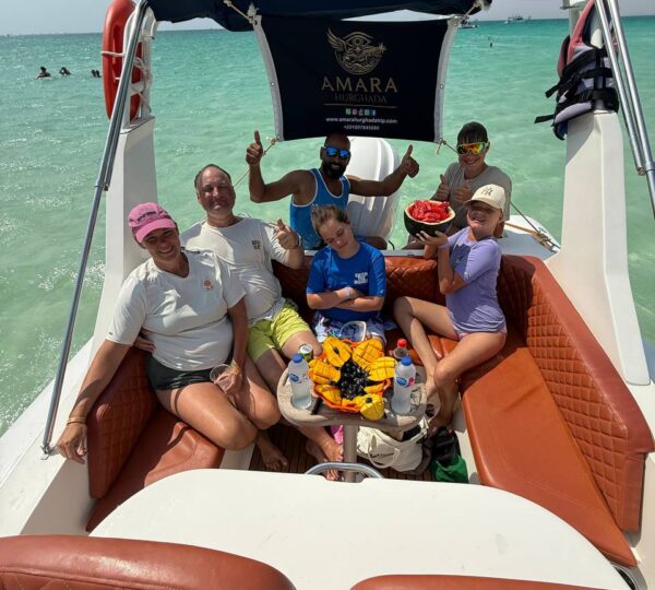 Family enjoying a private Red Sea boat trip from Hurghada with Amara Hurghada Trip